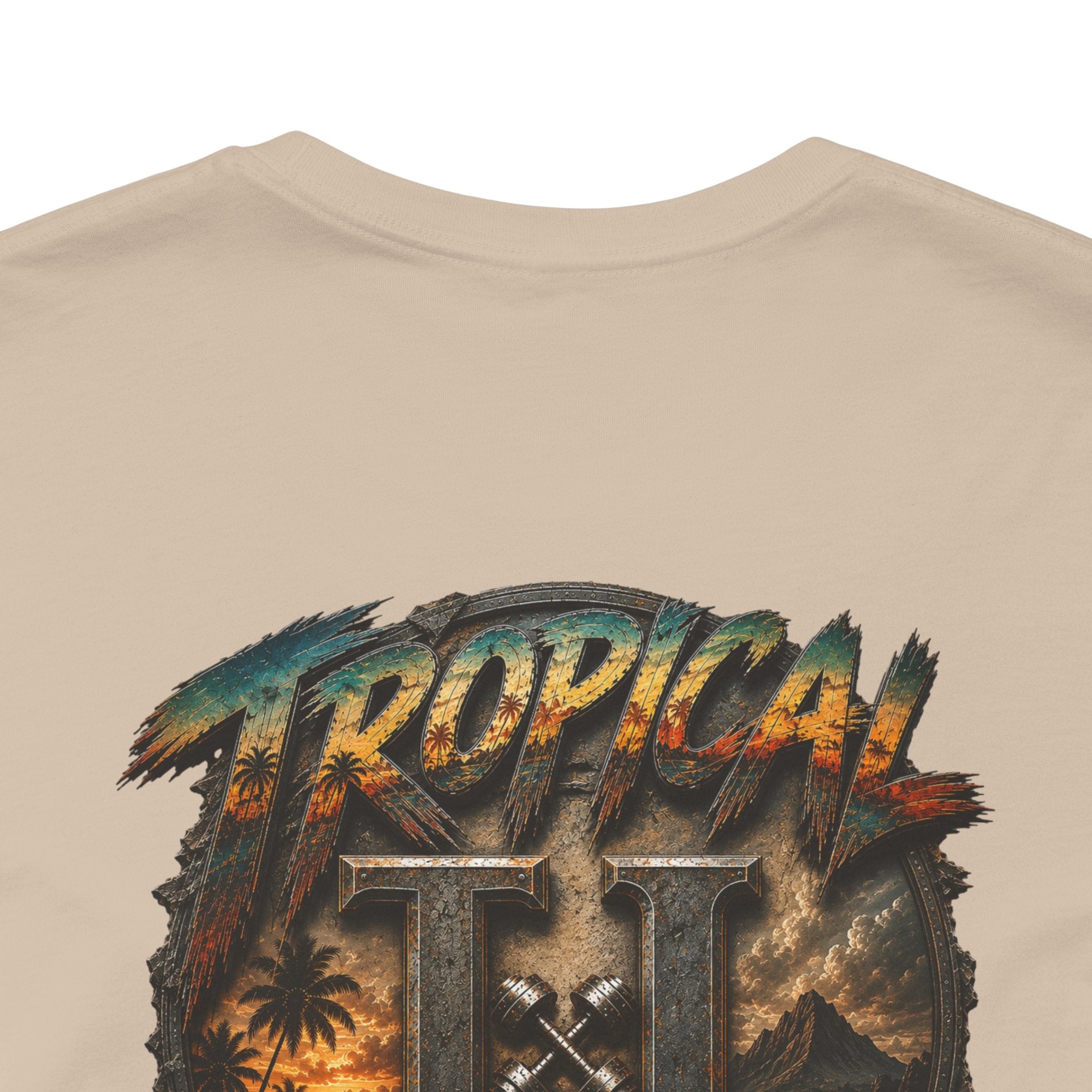 Tropical Iron Graphic Tee — 'Tropical Iron' Back Print Short Sleeve T-Shirt
