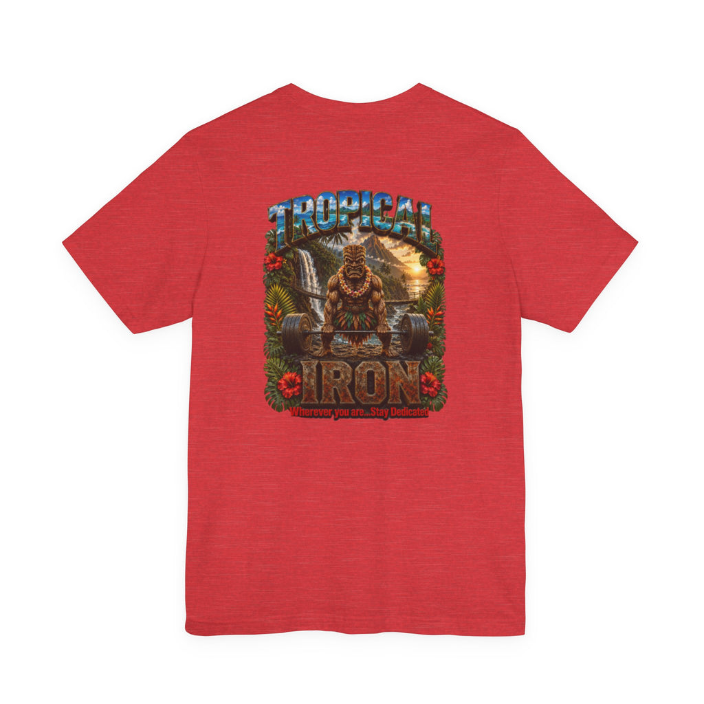 Tropical Iron Graphic Tee — Hawaiian Tiki Muscle Fitness Shirt