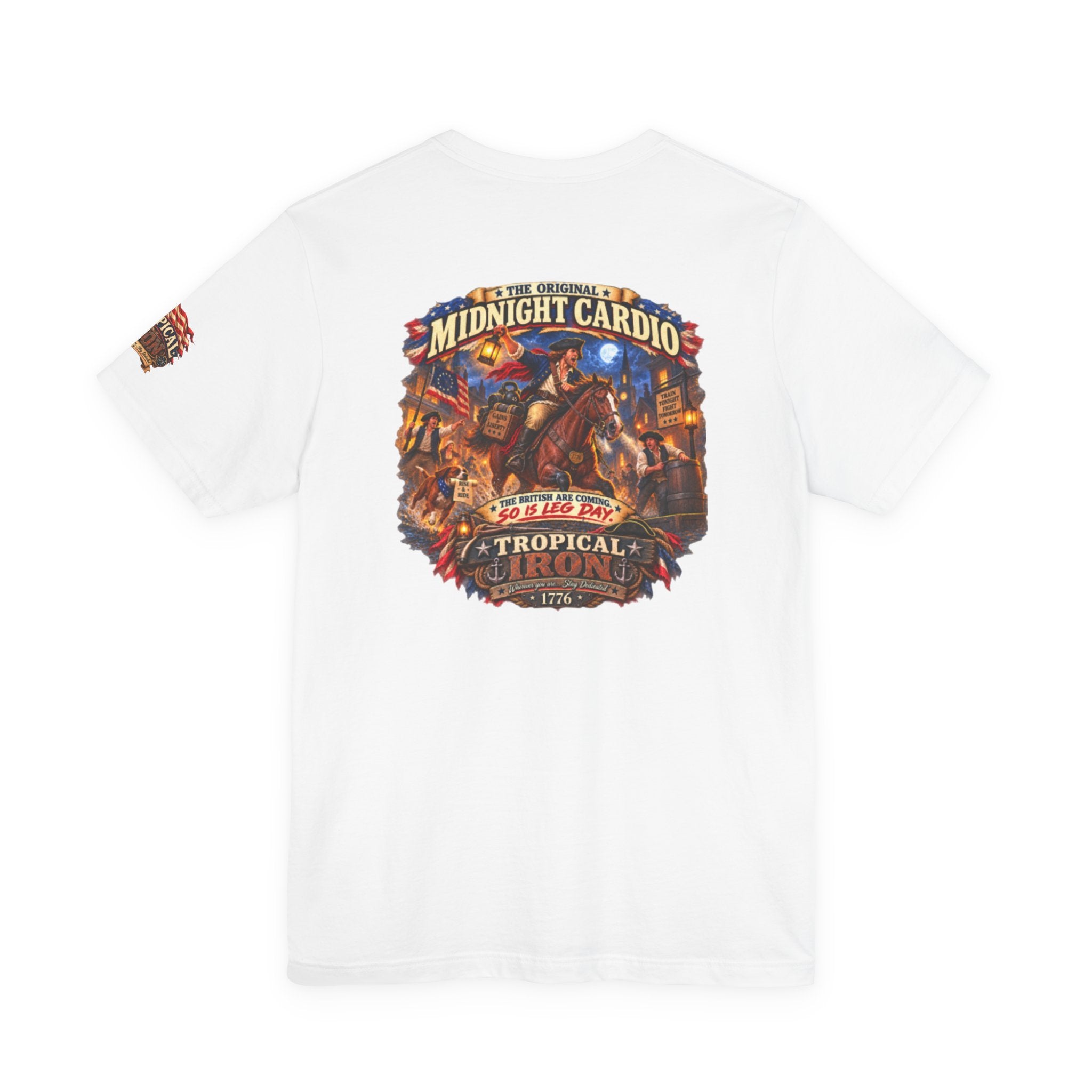 Tropical Night Concert T‑Shirt — "Midnight Cardio the british are coming so is leg day"