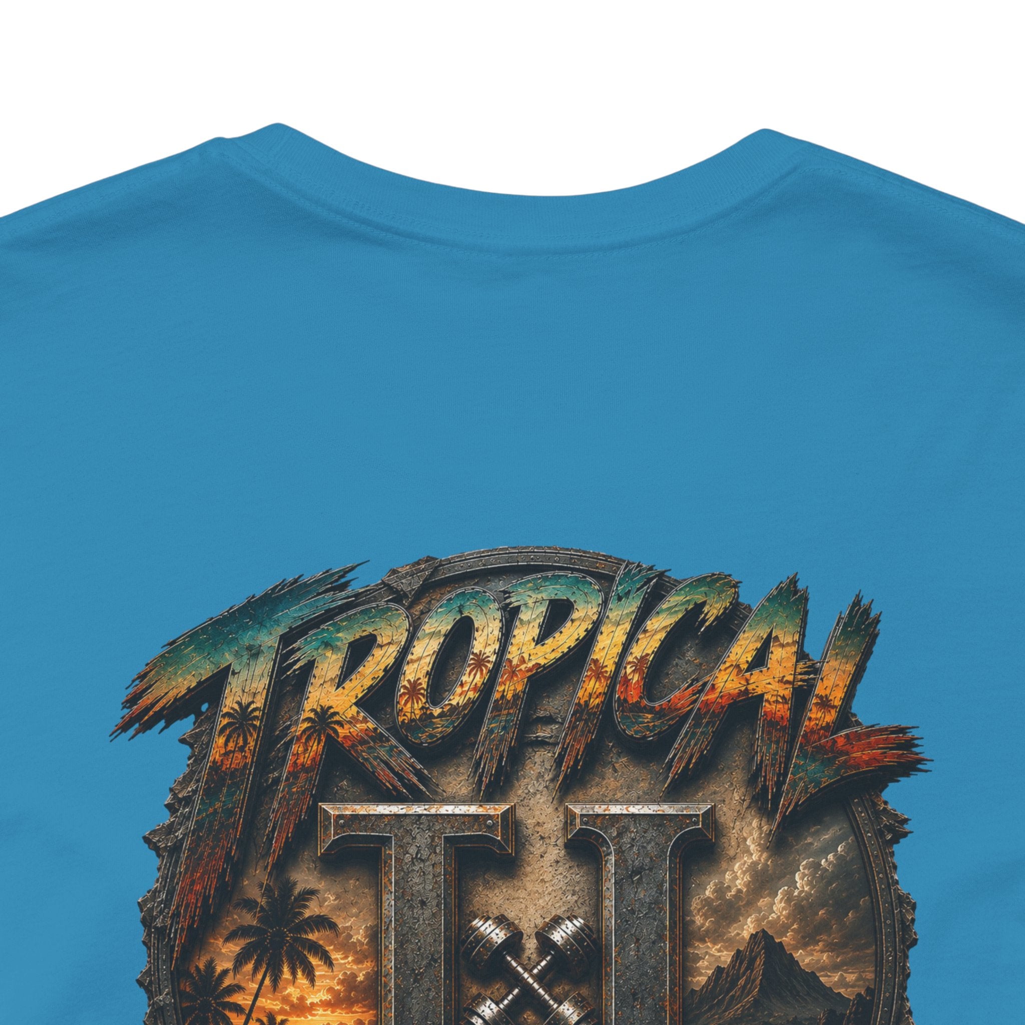 Tropical Iron Graphic Tee — 'Tropical Iron' Back Print Short Sleeve T-Shirt