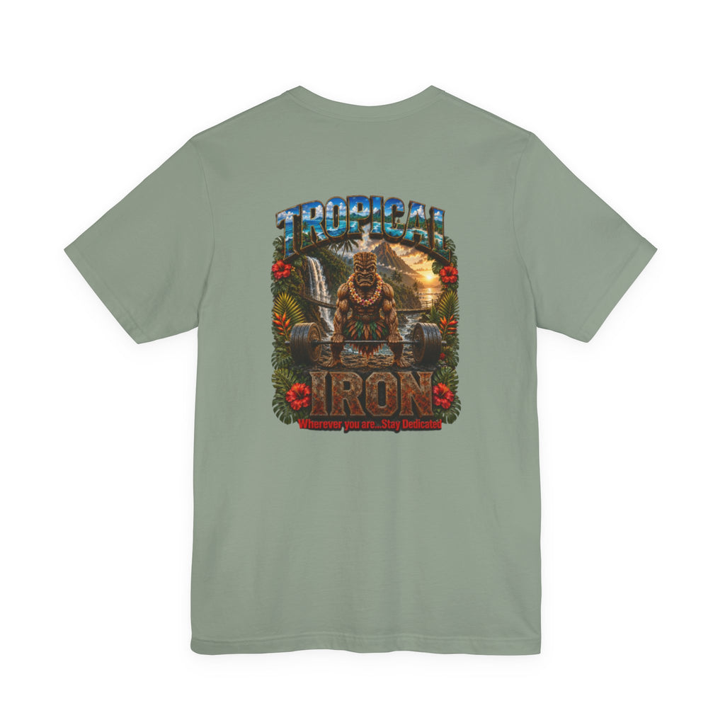 Tropical Iron Graphic Tee — Hawaiian Tiki Muscle Fitness Shirt