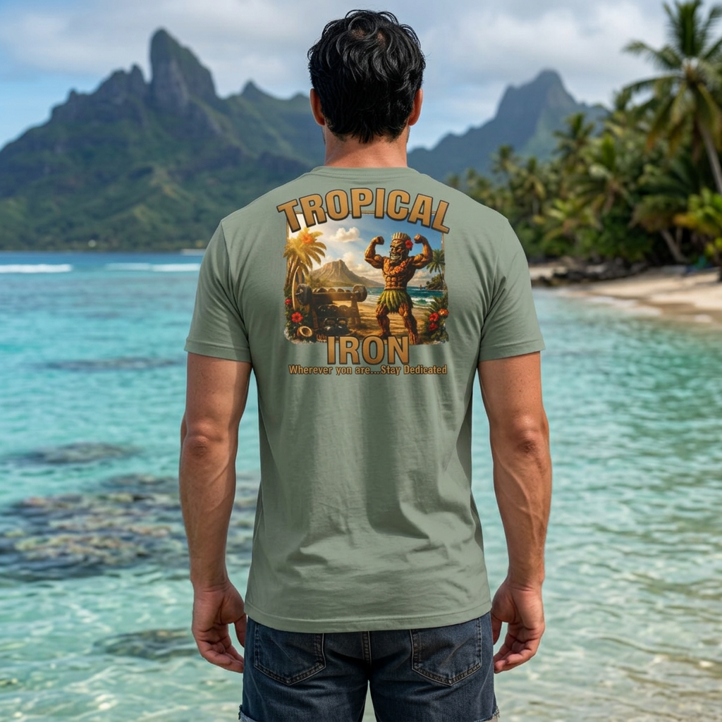 T-shirt — Tropical Iron Vintage  Bodybuilder Pose Logo Chest Print