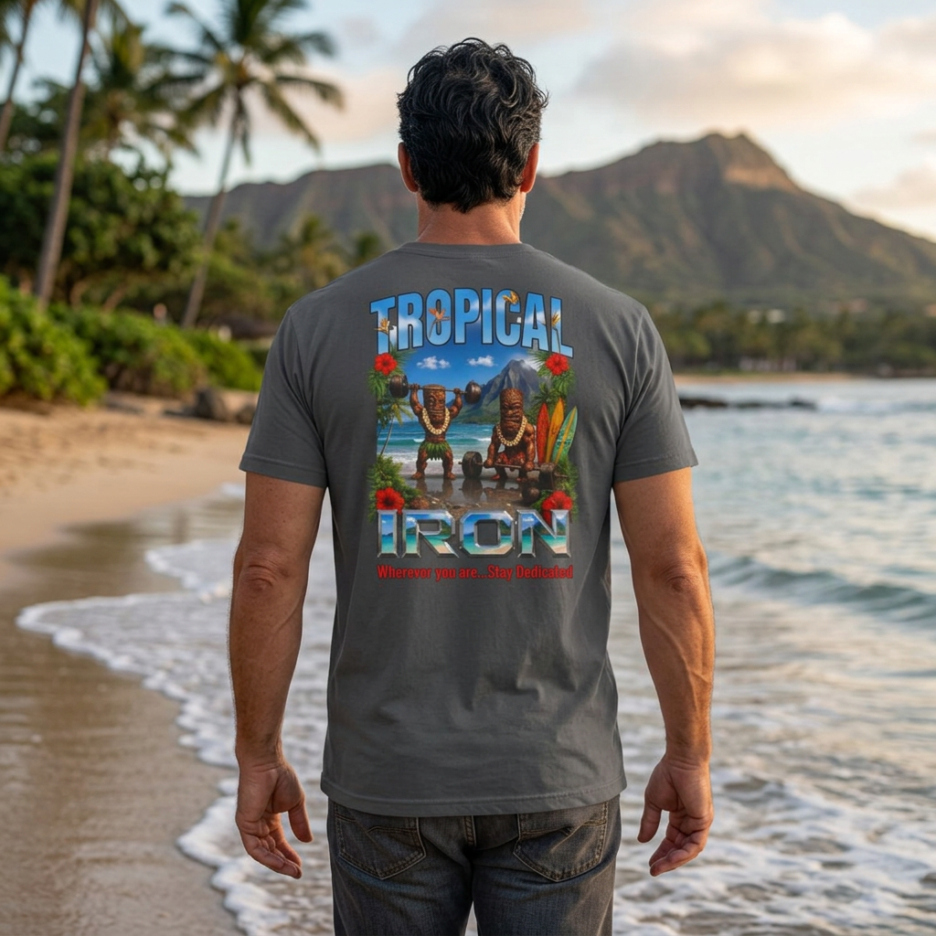 Tropical Iron Beach T-Shirt – 'Tropical Iron' Vintage Surf Crew Tee