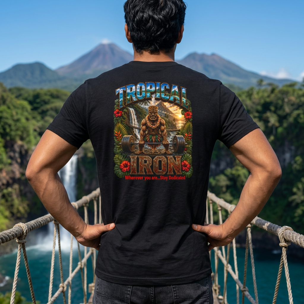 Tropical Iron Graphic Tee — Hawaiian Tiki Muscle Fitness Shirt