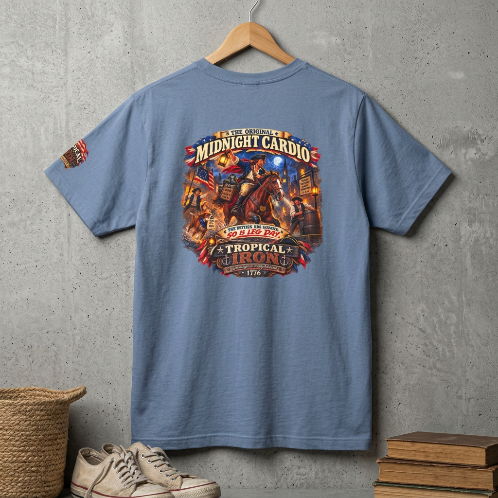Tropical Night Concert T‑Shirt — "Midnight Cardio the british are coming so is leg day"