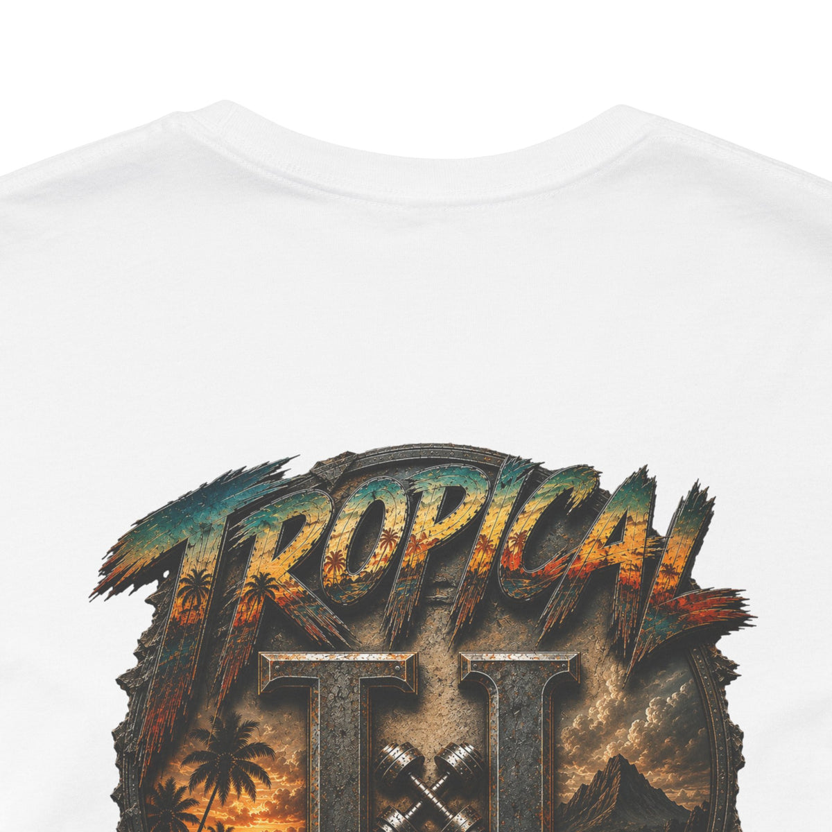 Tropical Iron Graphic Tee — 'Tropical Iron' Back Print Short Sleeve T-Shirt