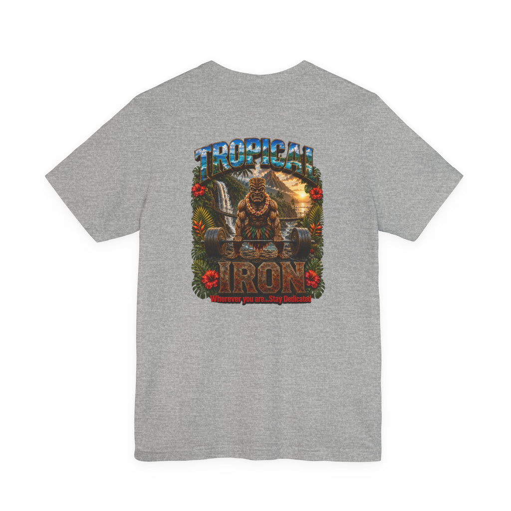 Tropical Iron Graphic Tee — Hawaiian Tiki Muscle Fitness Shirt