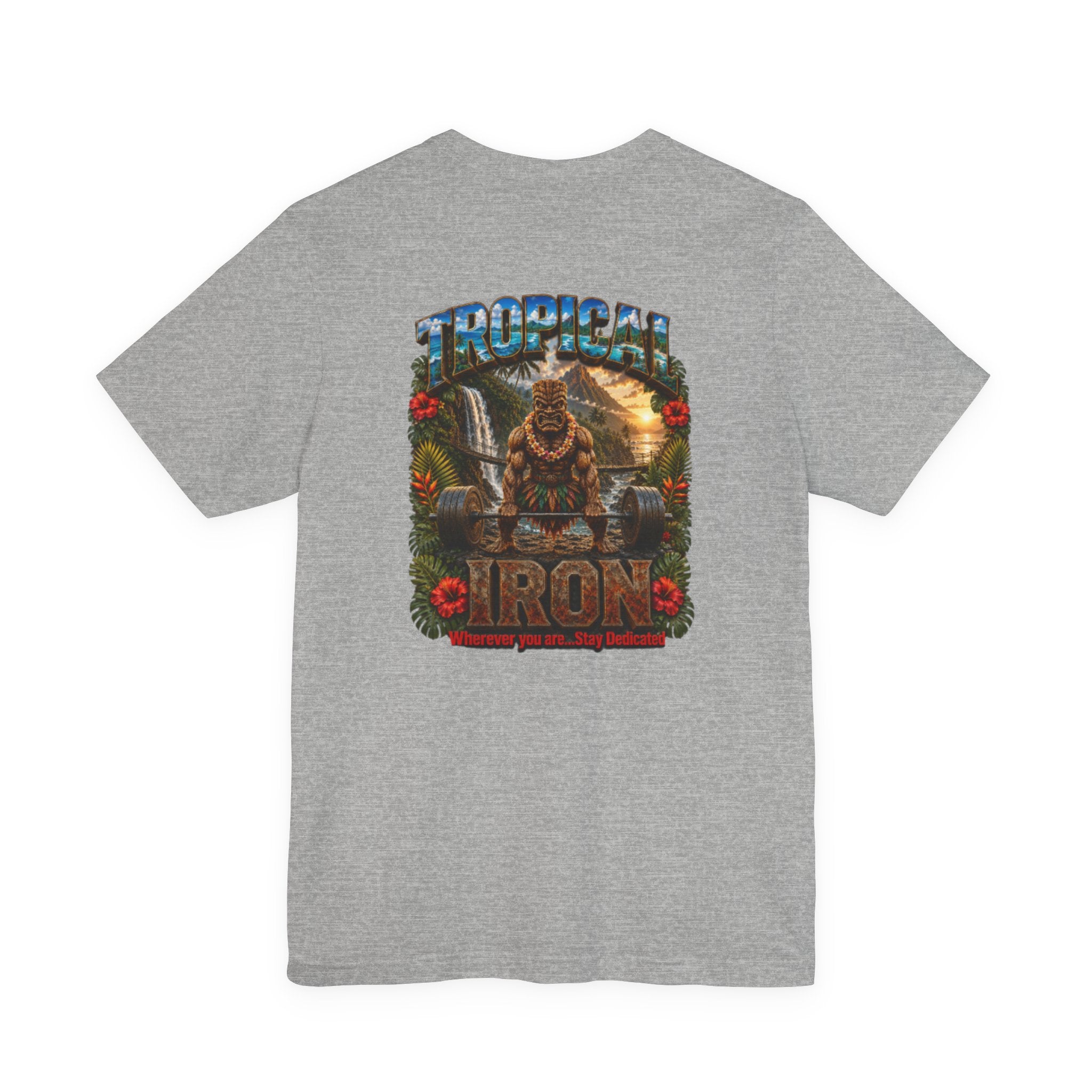 Tropical Iron Graphic Tee — Hawaiian Tiki Muscle Fitness Shirt