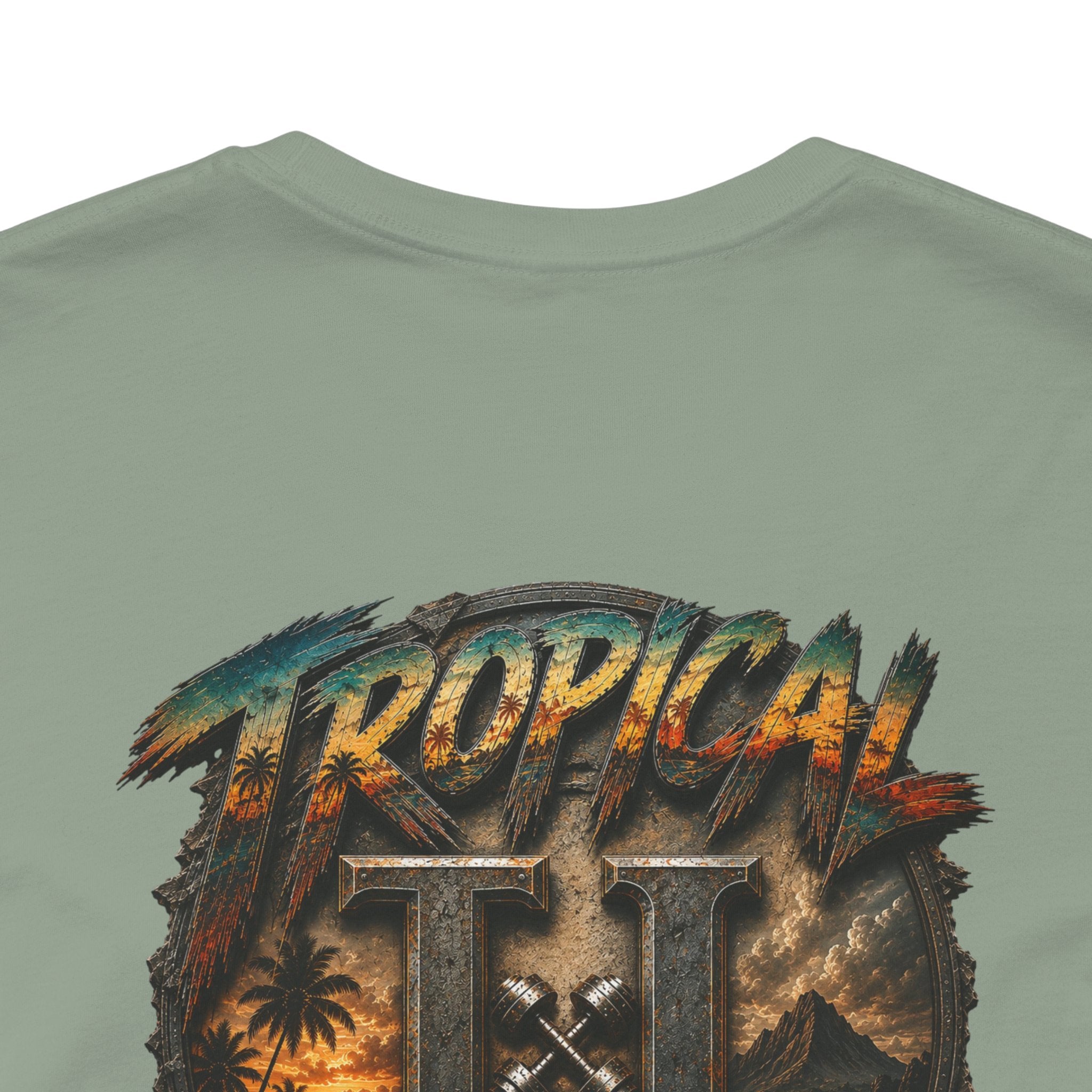 Tropical Iron Graphic Tee — 'Tropical Iron' Back Print Short Sleeve T-Shirt