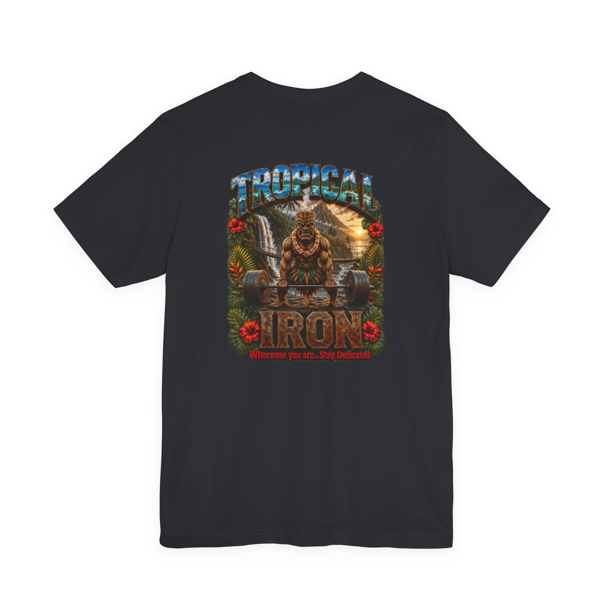 Tropical Iron Graphic Tee — Hawaiian Tiki Muscle Fitness Shirt
