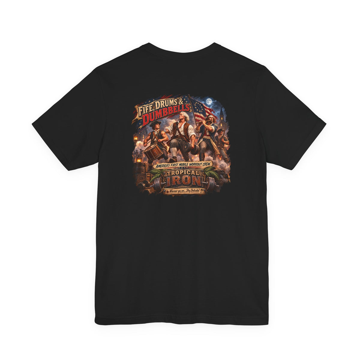 Tropical Iron Band Graphic Tee — "Fife Drums & Dumbrells" Vintage Concert T‑Shirt
