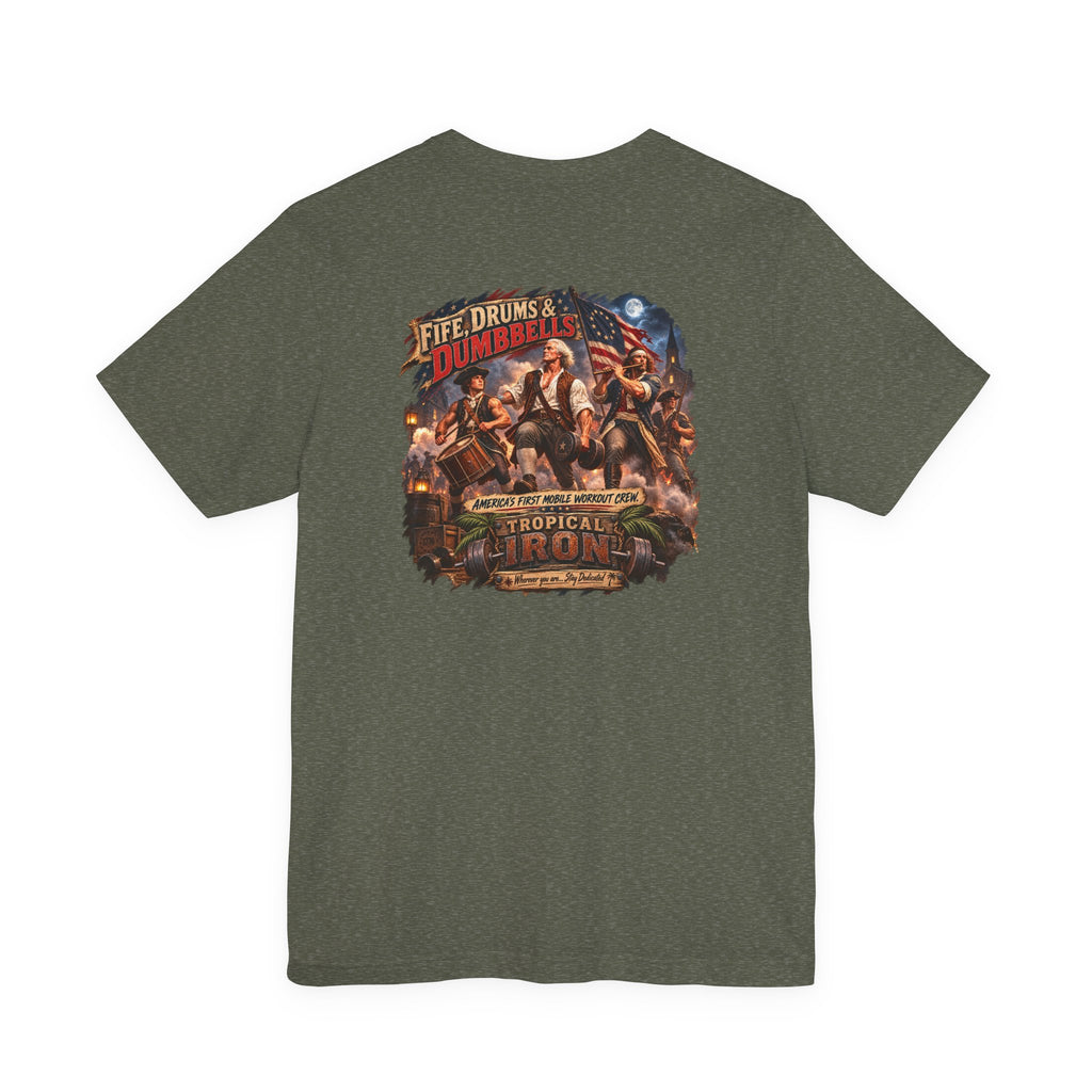 Tropical Iron Band Graphic Tee — "Fife Drums & Dumbrells" Vintage Concert T‑Shirt