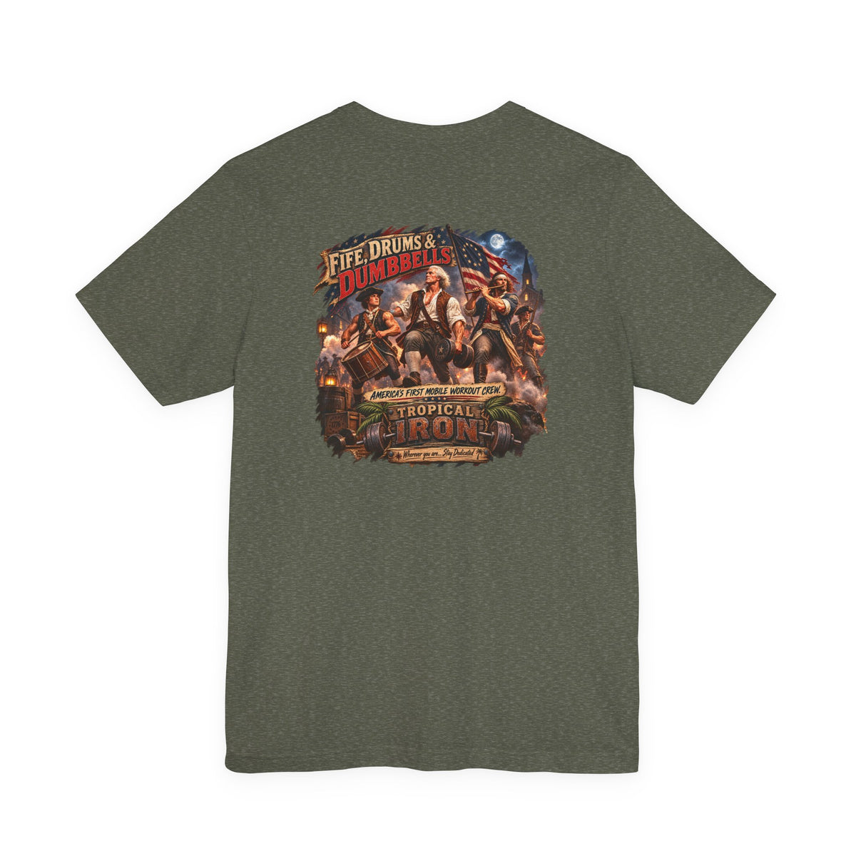 Tropical Iron Band Graphic Tee — "Fife Drums & Dumbrells" Vintage Concert T‑Shirt