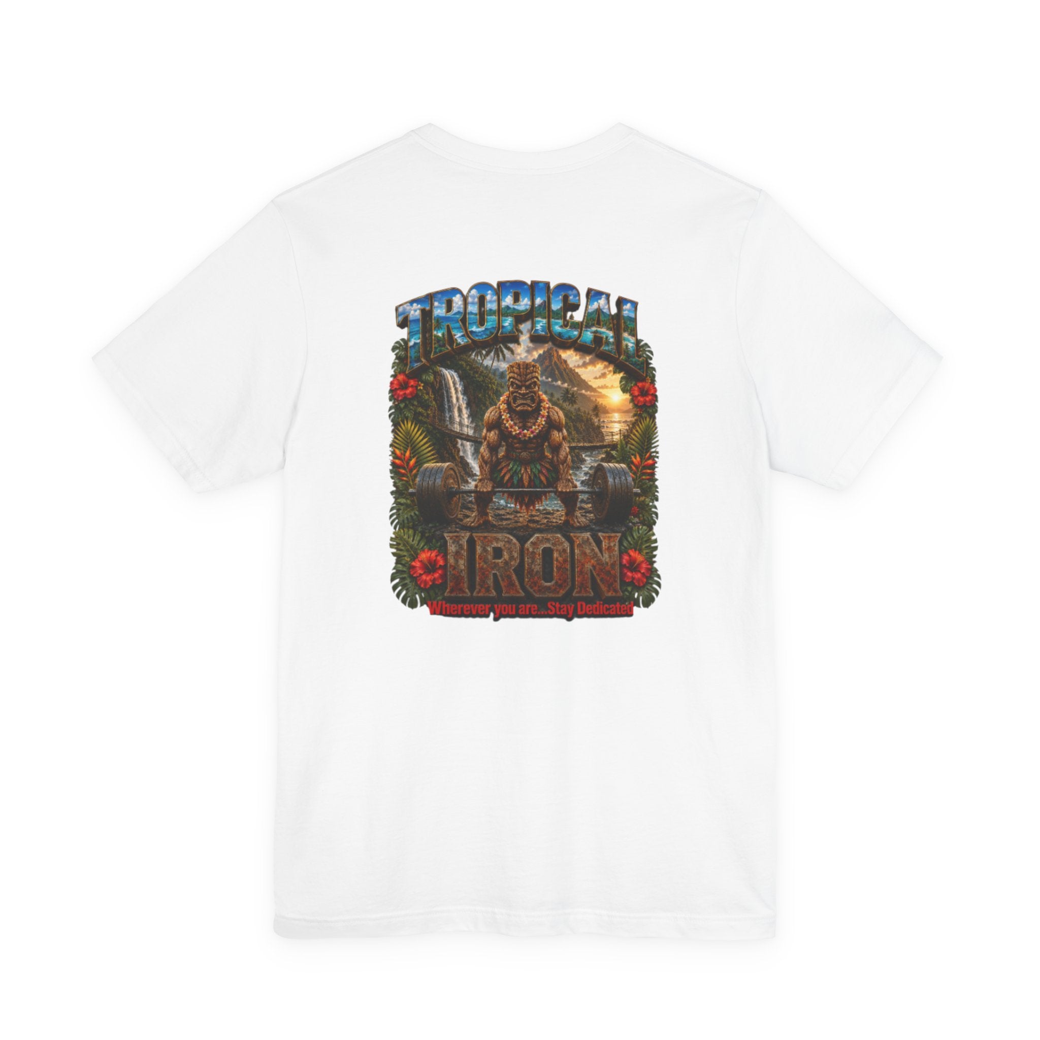 Tropical Iron Graphic Tee — Hawaiian Tiki Muscle Fitness Shirt