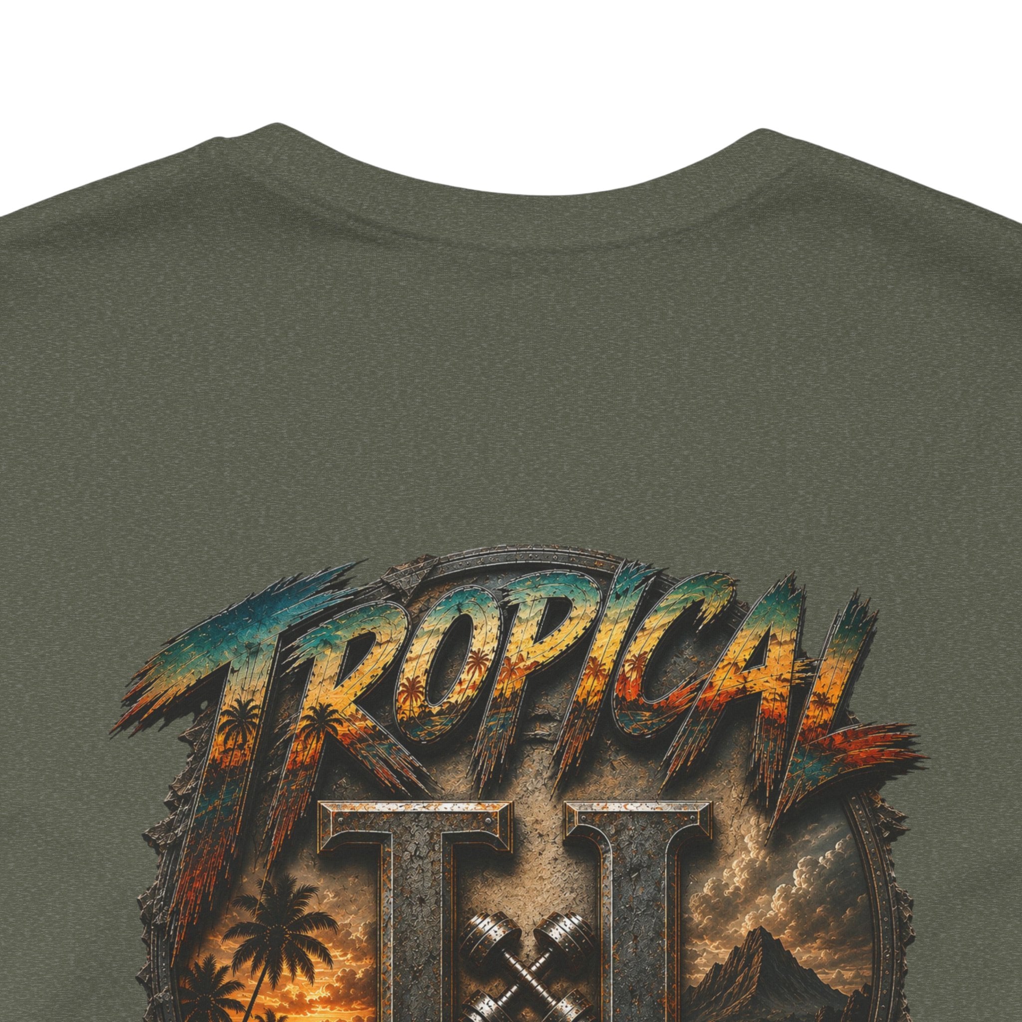 Tropical Iron Graphic Tee — 'Tropical Iron' Back Print Short Sleeve T-Shirt